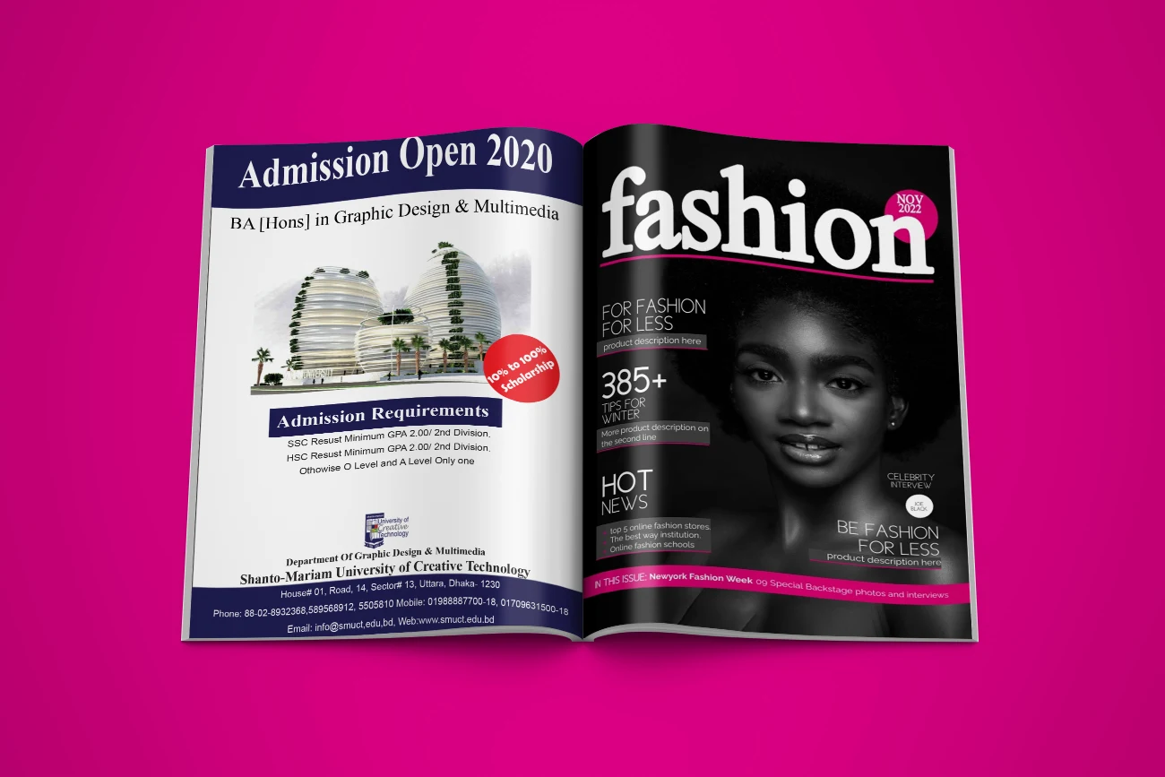 Open Magazine Mockup Featuring University Admission and Latest Fashion Publication Design