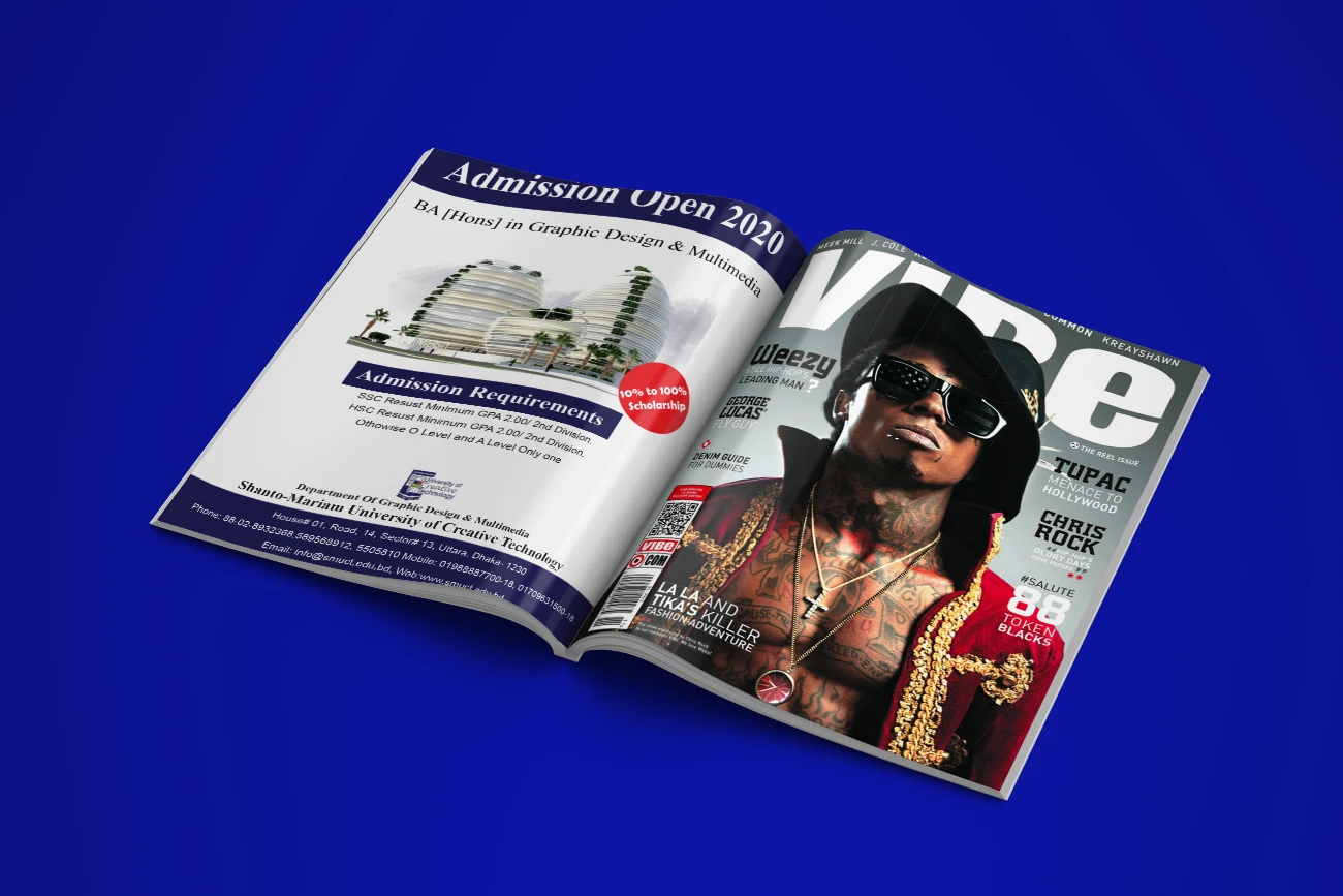 Open Magazine Mockup Displaying Graphic Design Admission and Celebrity Cover