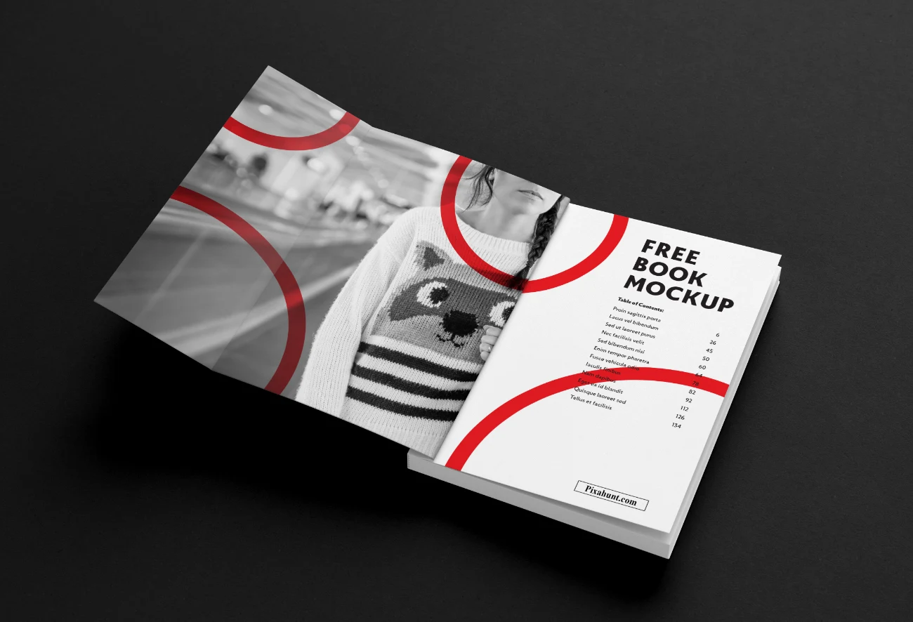 Free Open Book Mockup Featuring Table of Contents and Grayscale Cover Image Design
