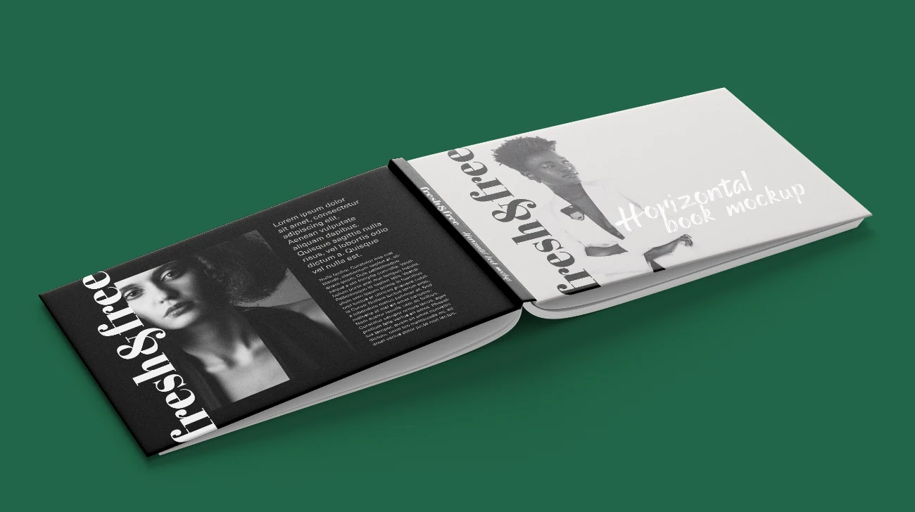 Modern horizontal book cover design showcasing elegant black and white photography artwork