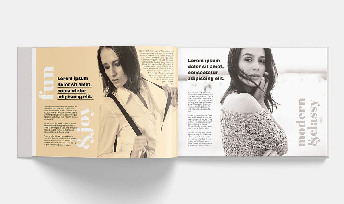 Professional Horizontal Open Book Mockup Showcasing Modern Fashion Photography