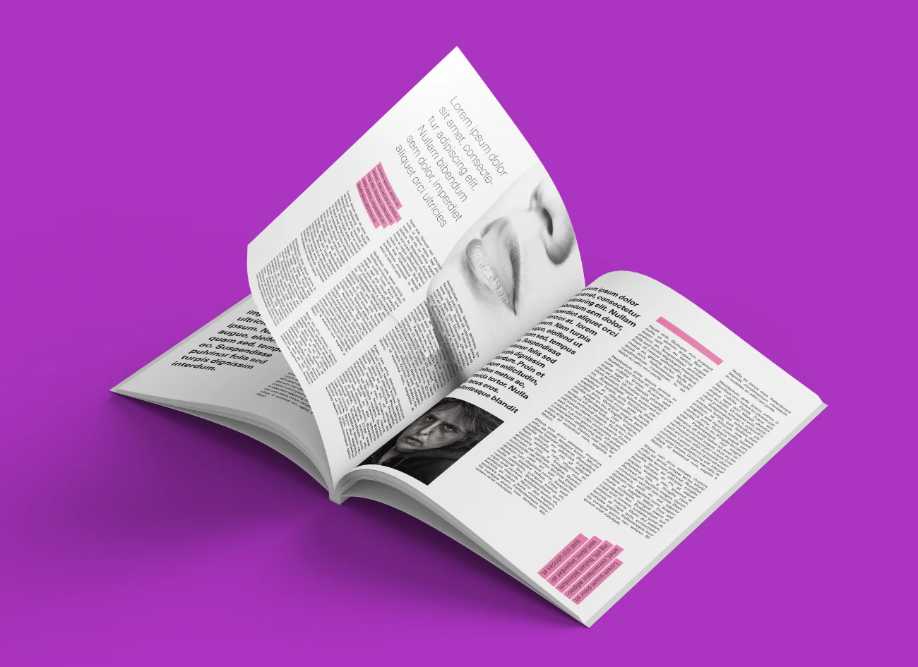 Modern Magazine Open Spread Mockup with Editable Content and Vibrant Purple Background