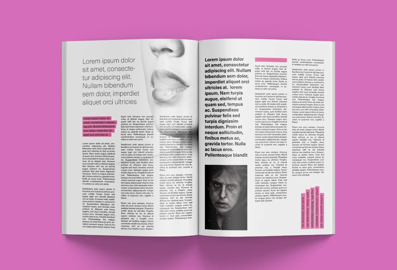 Open Magazine Mockup Featuring Editorial Layout with Placeholder Text and Images