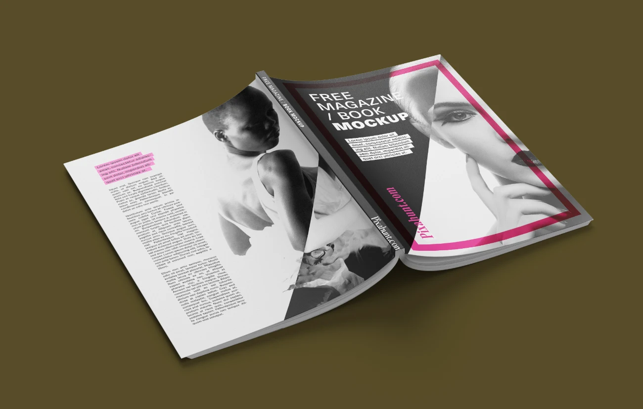 Realistic Open Magazine Book Mockup with Customizable Pages and Cover Design