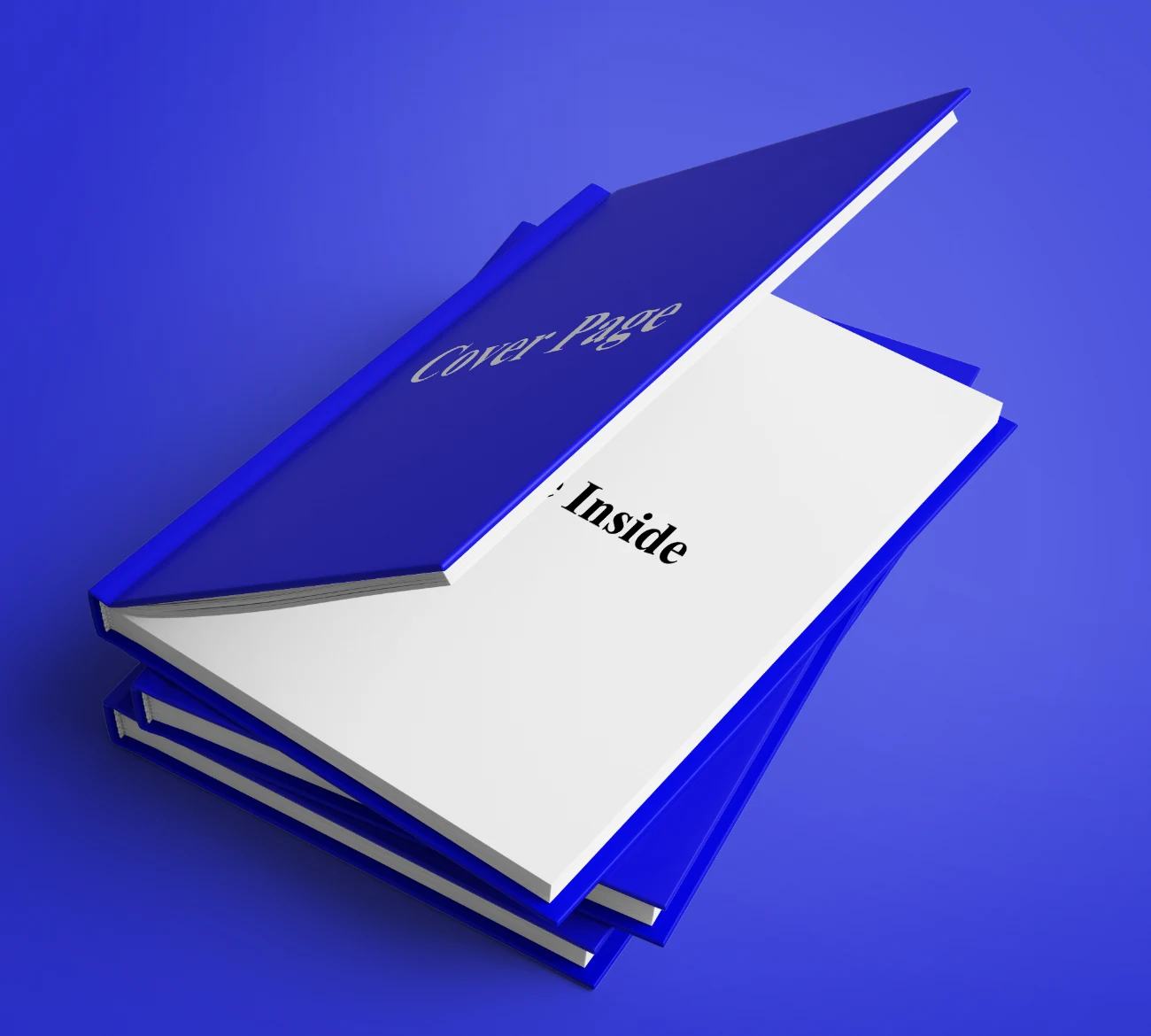Elegant Royal Blue Hardcover Book Mockup Presenting Cover Page and Inner Content Display
