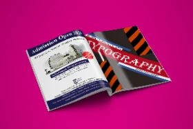 Open Magazine Mockup Displaying Creative Design Admission Advertisement and Typography Article Layout