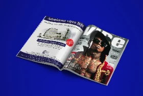 Open Magazine Mockup Displaying Graphic Design Admission and Celebrity Cover