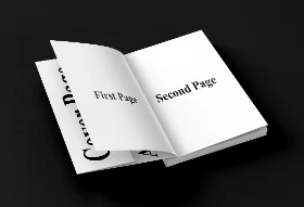 Professional Open Book Mockup Displaying Creative Red Black White Content on Blue Hover