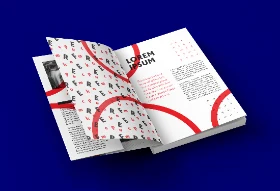 Professional Open Book Mockup Displaying Creative Red Black White Content on Blue