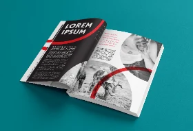 Open Book Mockup with Black and White Design Red Accents Teal Background