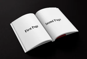 Open Magazine Mockup Featuring Creative Design and Animal Imagery on a Red Background Hover