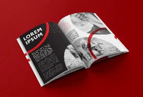 Open Magazine Mockup Featuring Creative Design and Animal Imagery on a Red Background