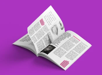 Modern Magazine Open Spread Mockup with Editable Content and Vibrant Purple Background