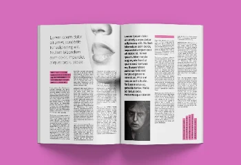 Open Magazine Mockup Featuring Editorial Layout with Placeholder Text and Images
