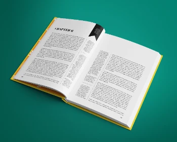 Open Book Mockup Displaying Chapter Pages on a Customizable Surface