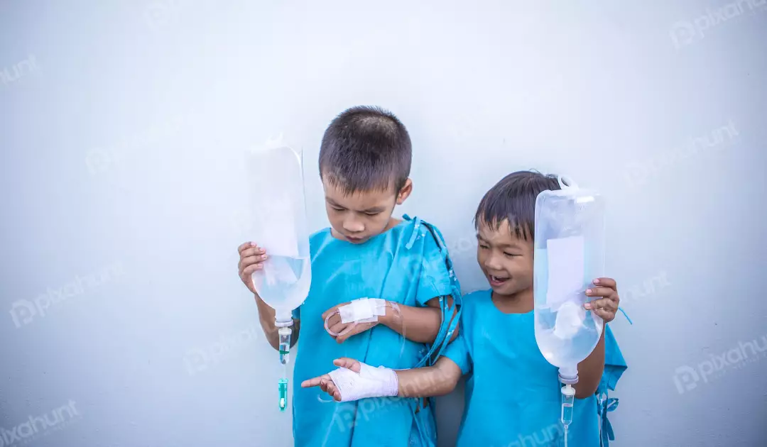 Free Premium Stock Photos Two young boys in hospital gowns, both holding IV bags