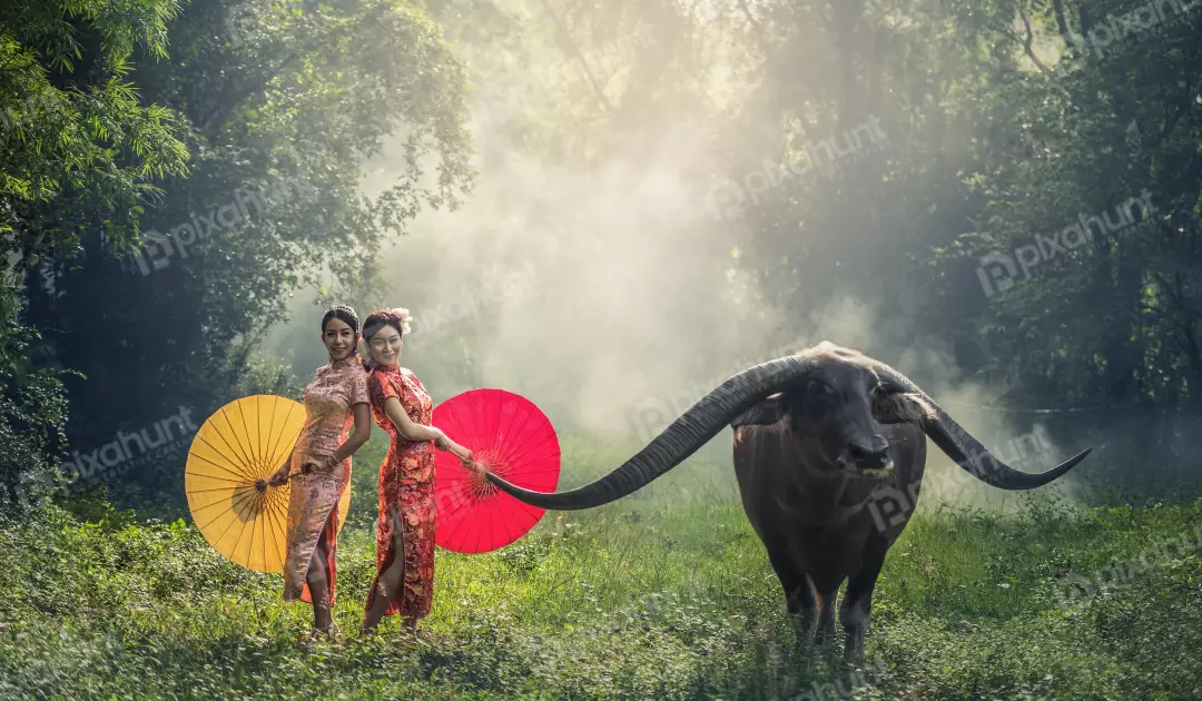 Free Premium Stock Photos Two Asian lady in traditional Chinese clothing standing in a field of grass and women are both holding red and yellow umbrellas whit large black water buffalo