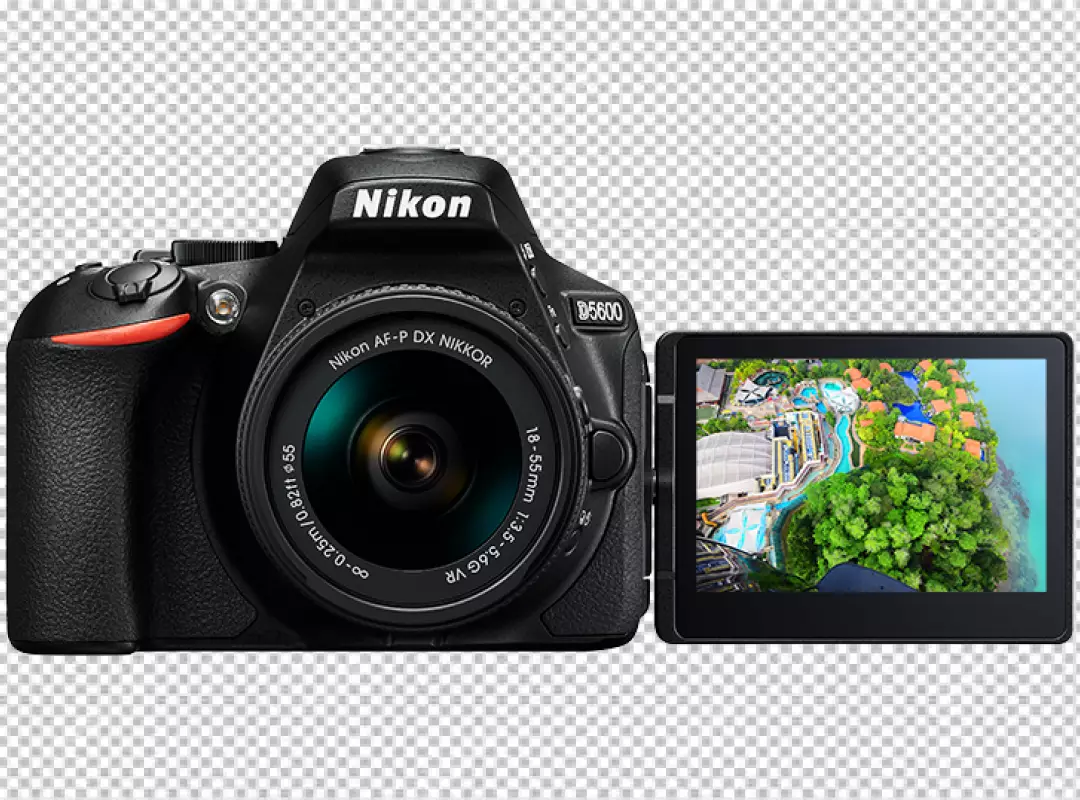 Nikon D5600 DSLR Camera with articulating screen showcasing a tropical resort.