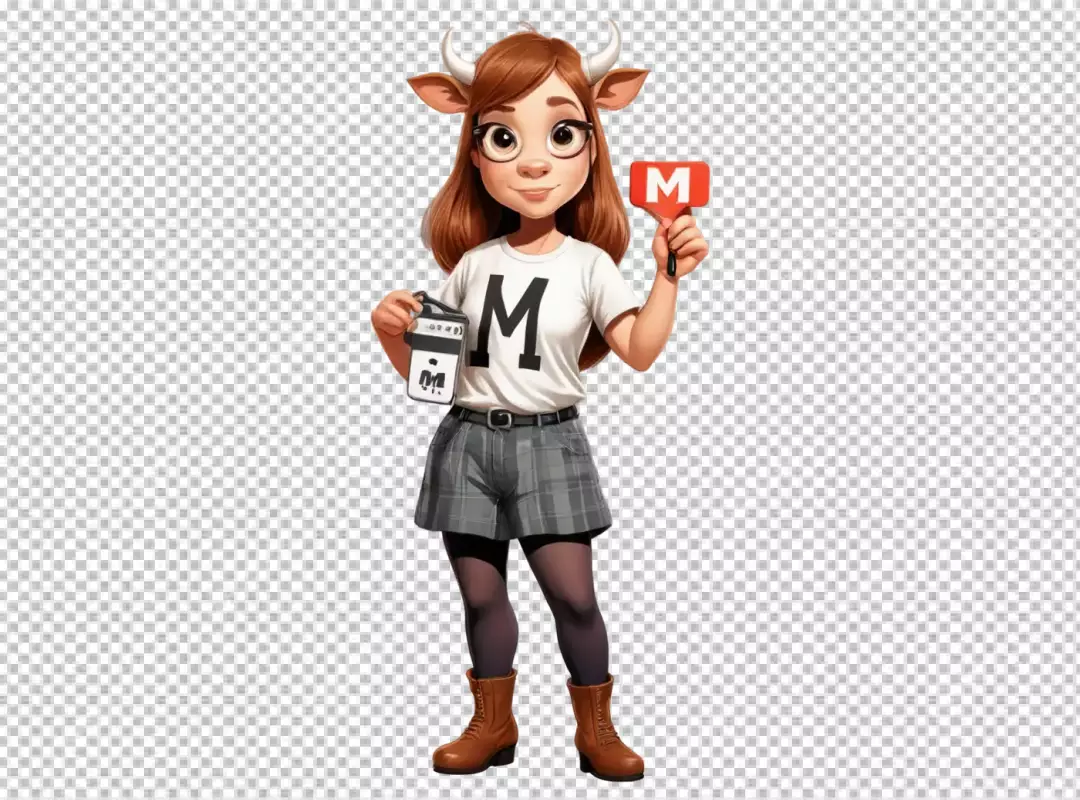 Charming Cartoon Cow Girl Character Holding Milk Carton and 'M' Brand Paddle