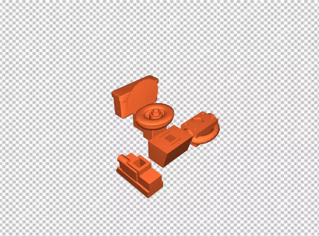 Abstract 3D Render of Orange Geometric Blocks and Modular Parts on Black Background