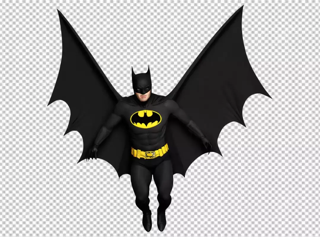 Iconic Batman Superhero Flying with Cape Spread Isolated on White Background