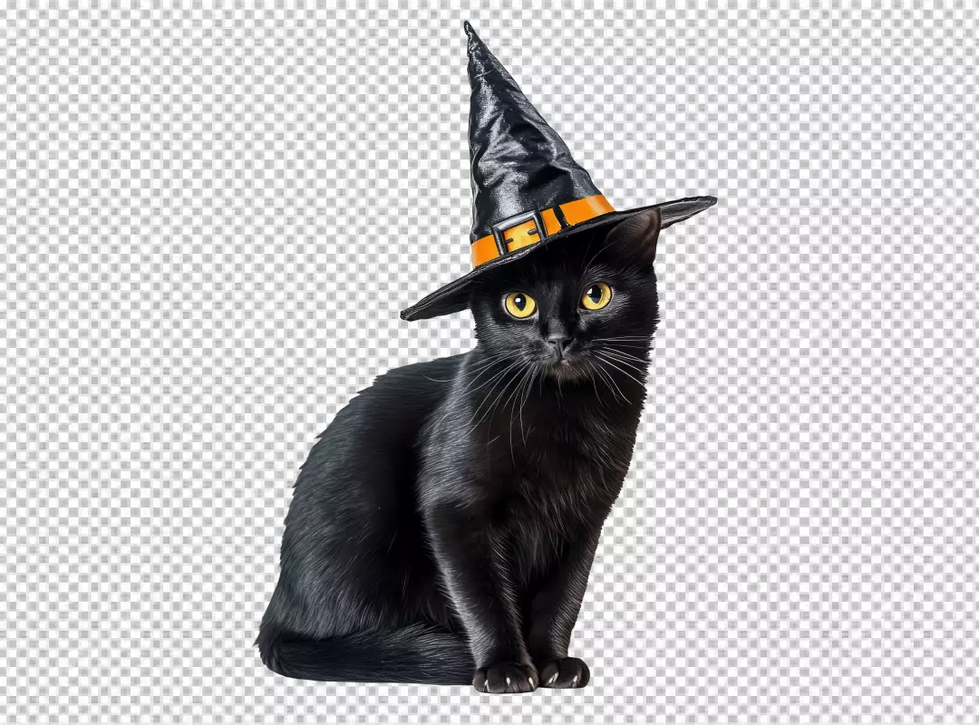 Cute Black Cat Wearing Witch Hat for Halloween Design Projects