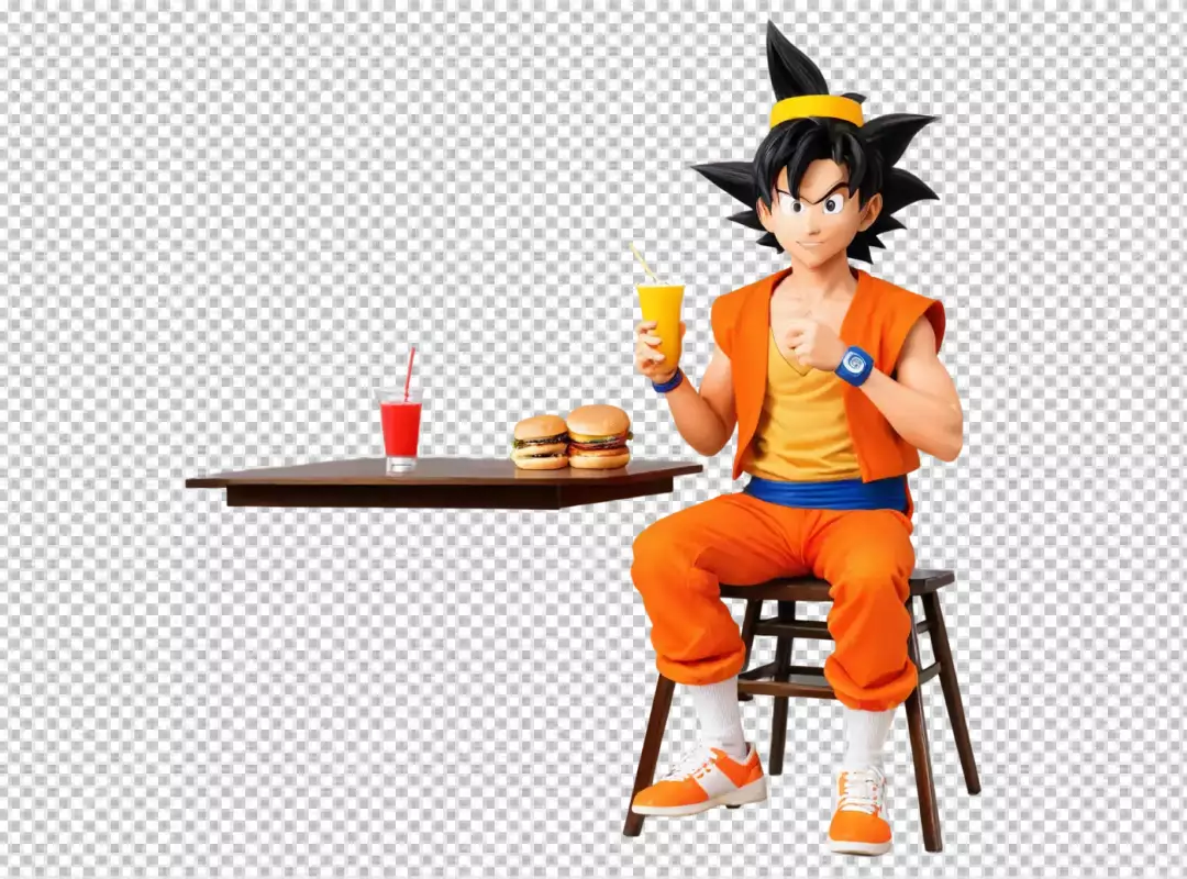 Anime character enjoying a casual fast food meal with burgers and refreshing drinks