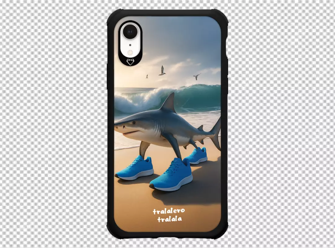Modern Smartphone Displaying a Humorous Shark in Blue Running Shoes on a Beach