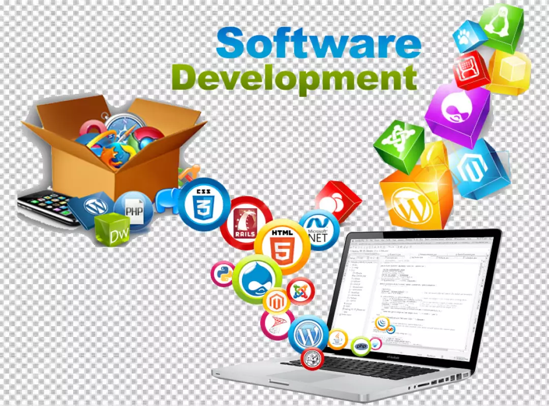 Modern Software Development Workflow with Coding Laptop and Programming Logos
