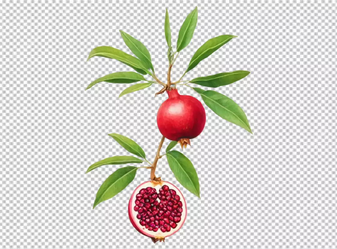 Vibrant Pomegranate Branch with Whole and Halved Fruit, Showing Juicy Seeds