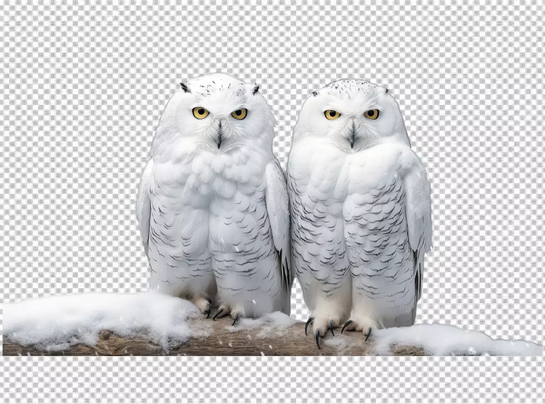 Majestic Snowy Owls Perched on Snowy Branch - Arctic Wildlife PNG Cutout