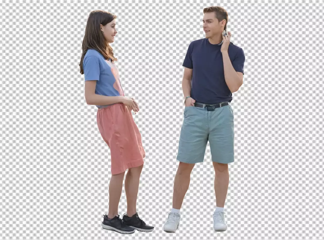 Smiling Young Woman and Man Engaged in a Pleasant Conversation Outdoors