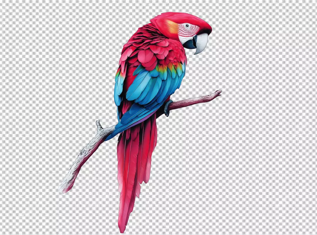 Vibrant Red and Blue Macaw Perched on Branch PNG Cutout for Design