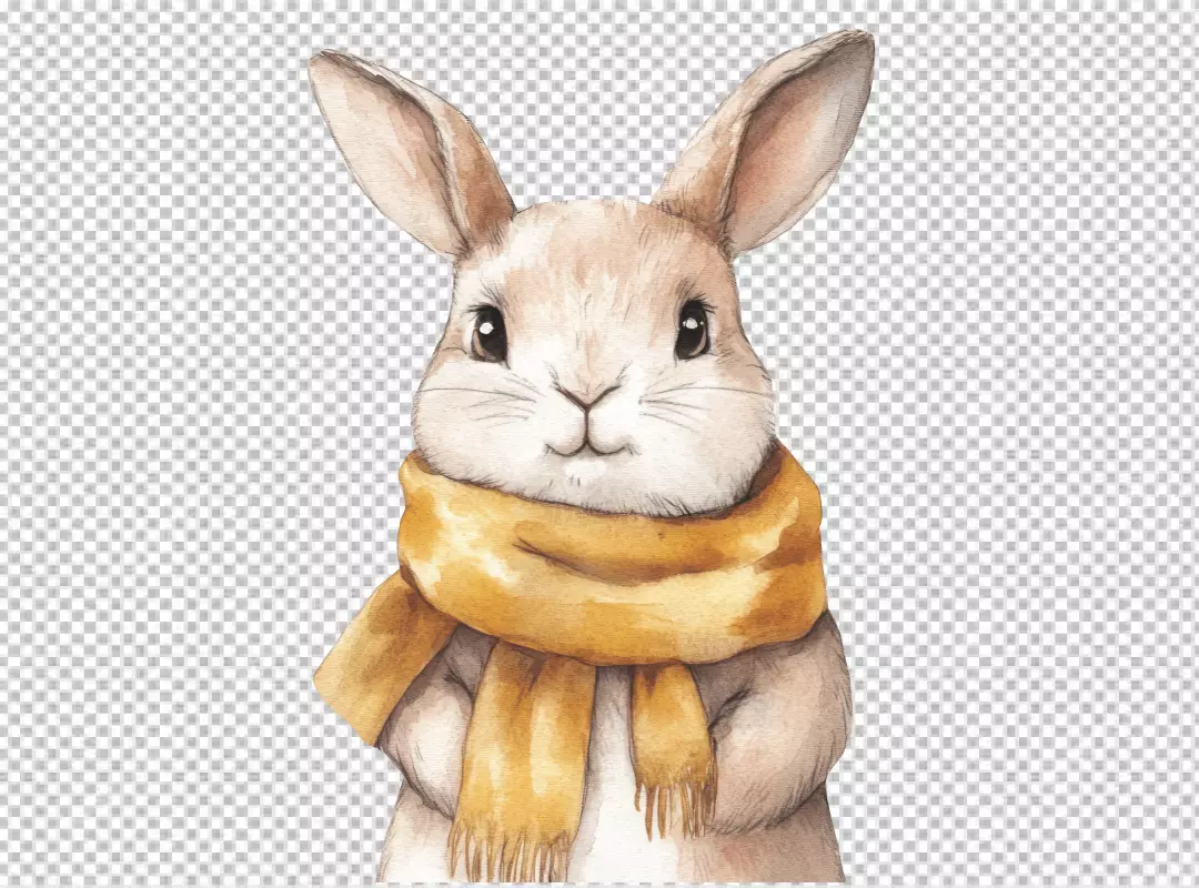 Cute Watercolor Rabbit Wearing Yellow Scarf Festive Winter Animal Art