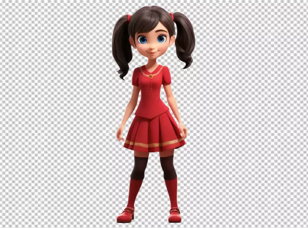 Charming 3D Animated Girl Character with Pigtails in a Stylish Red Dress
