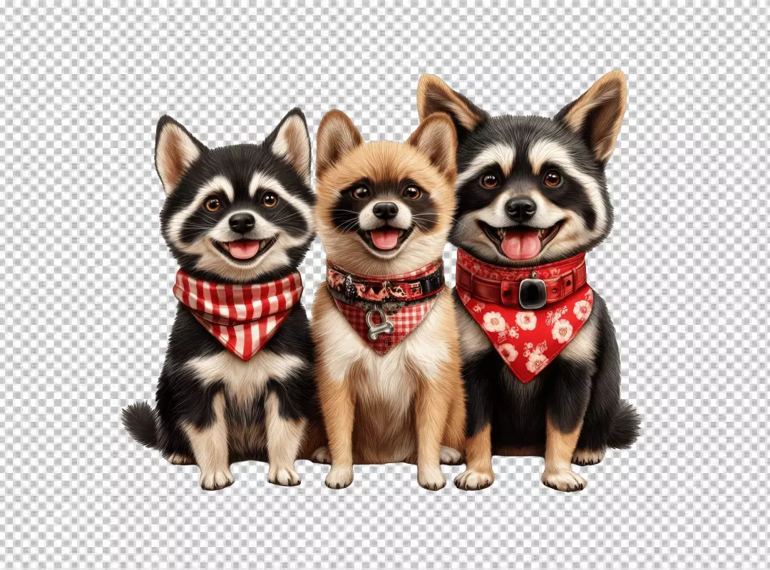 Adorable Puppy Trio Smiling Happily with Festive Bandanas