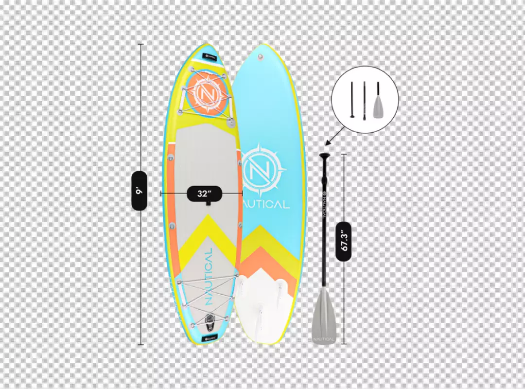 Vibrant Nautical Inflatable Stand Up Paddle Board Kit with Paddle and Dimensions