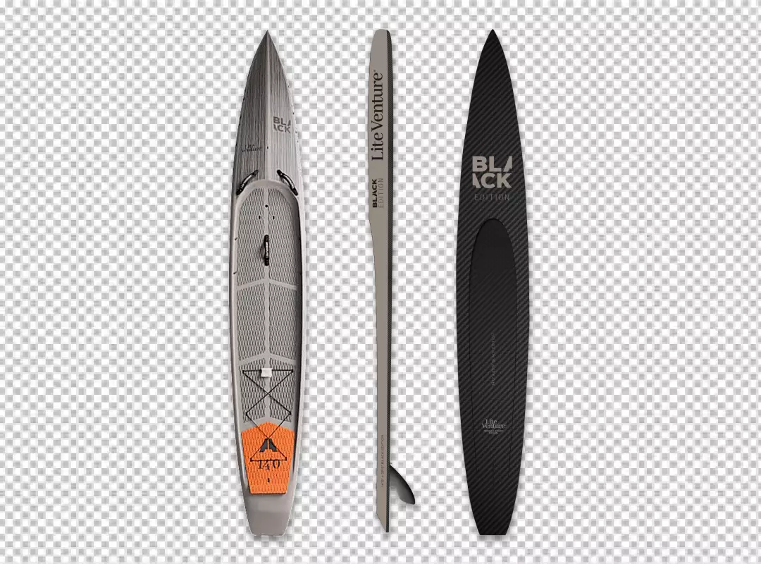 Sleek Lite Venture Black Edition Paddleboard Displayed in Three Dynamic Views