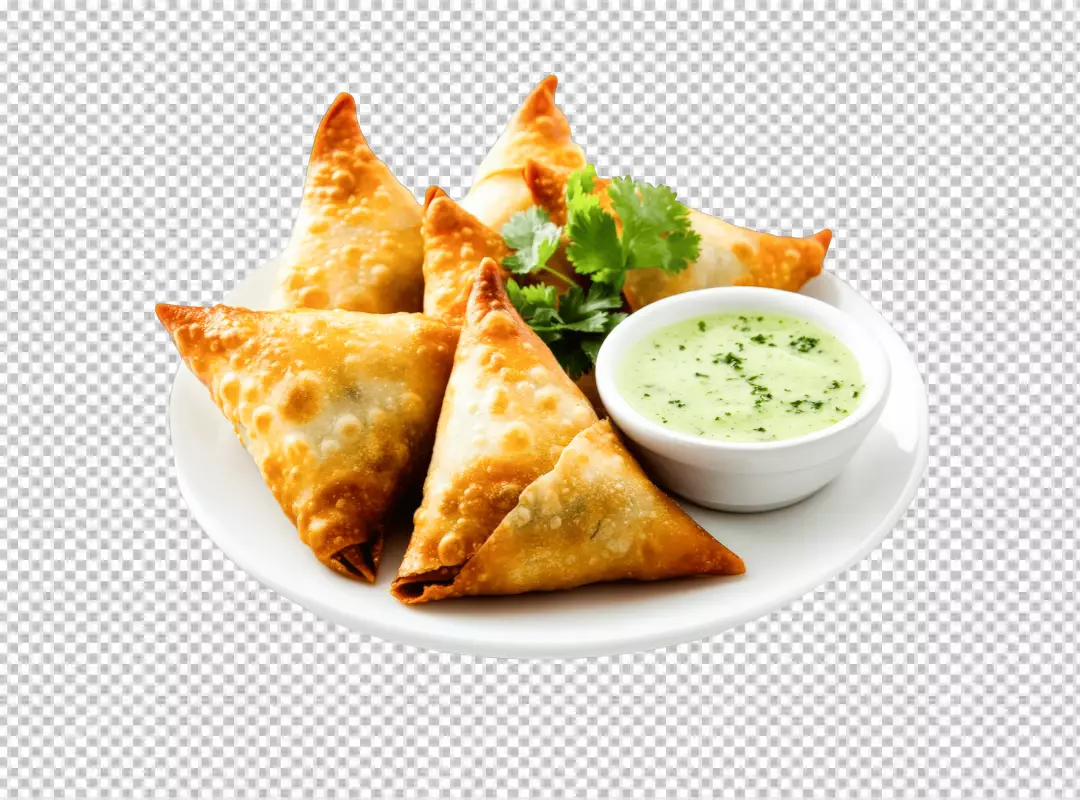 Delicious Golden Fried Samosas with Fresh Green Chutney on White Plate