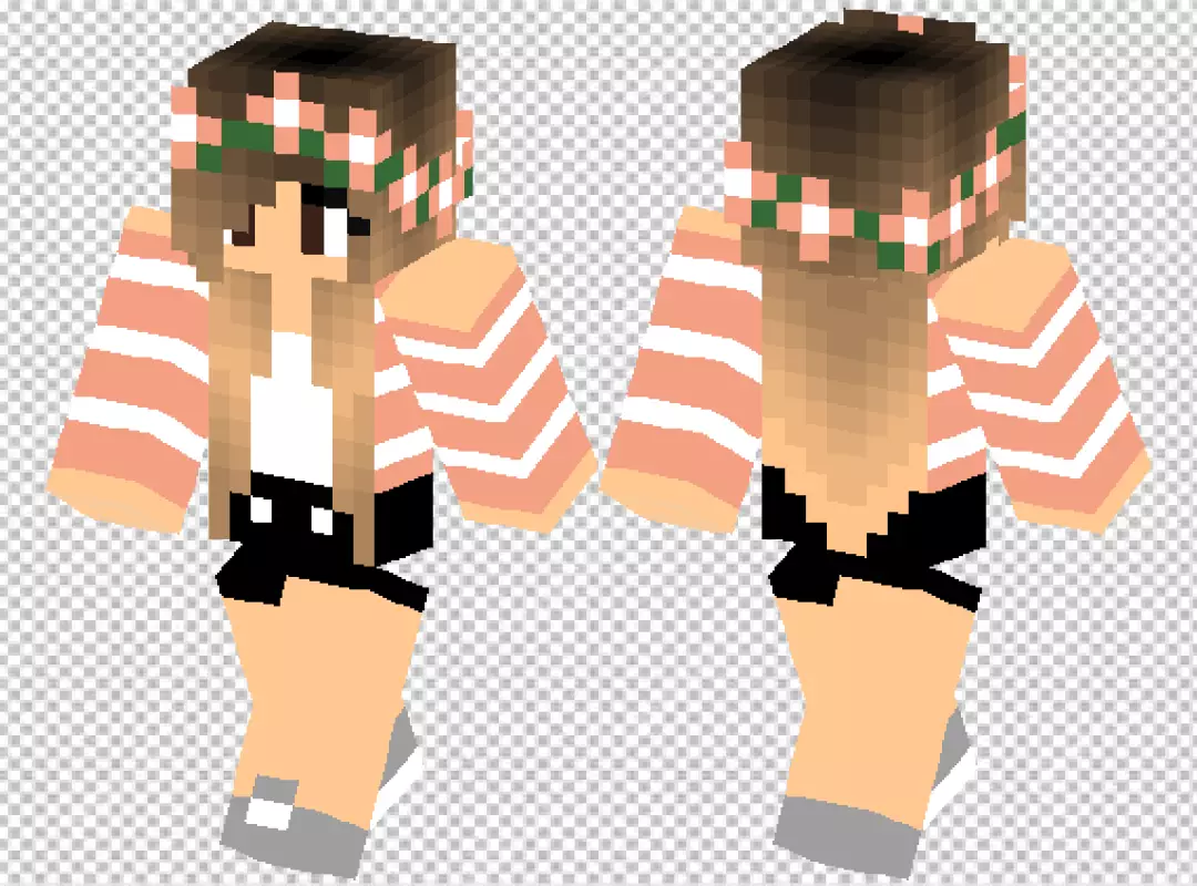 Cute Minecraft Girl Skin with Floral Crown and Peach Striped Outfit