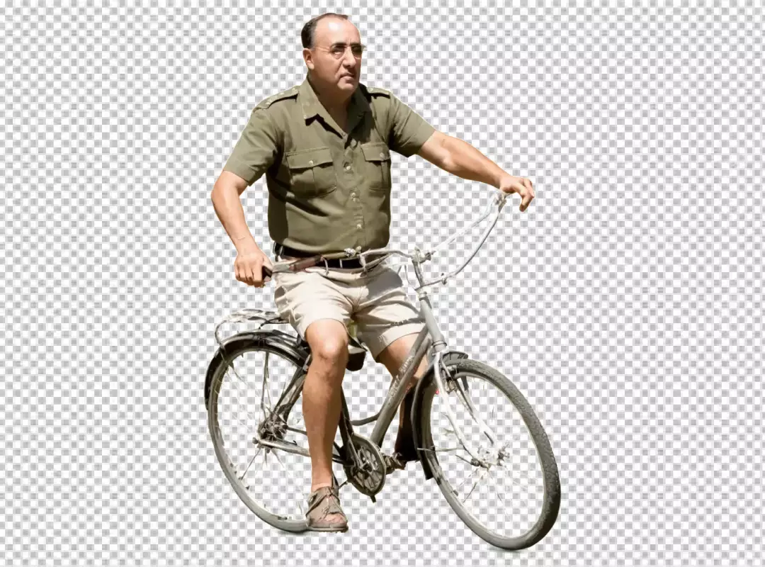 Mature Man in Khaki Shirt Riding Vintage Bicycle on White Background