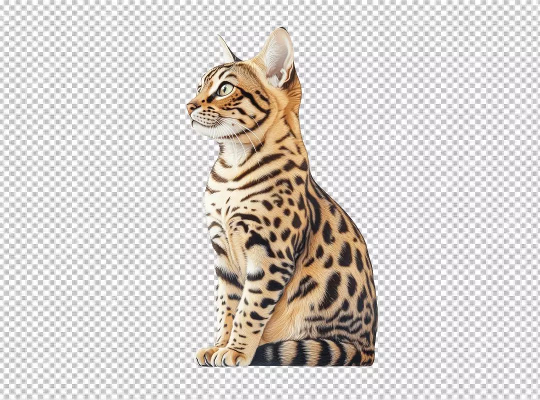 Realistic Bengal Cat Sitting Gracefully Looking Left - Detailed Domestic Feline Illustration