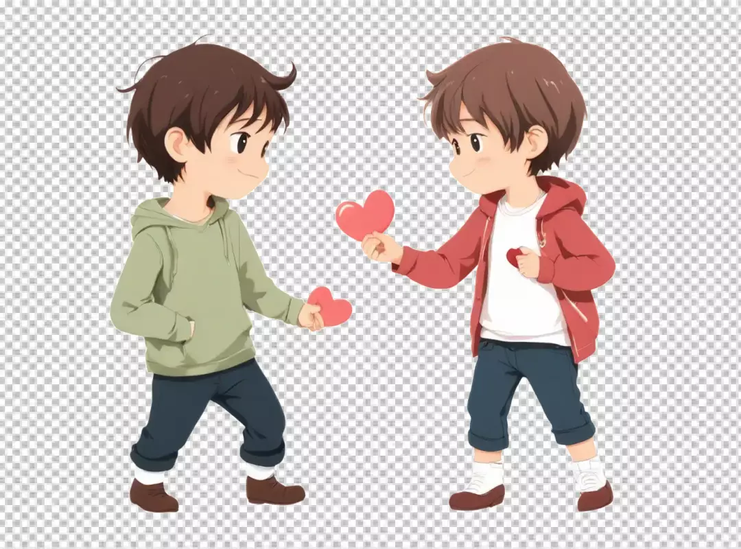 Cute Anime Boys Exchanging Red Hearts Symbolizing Friendship and Love