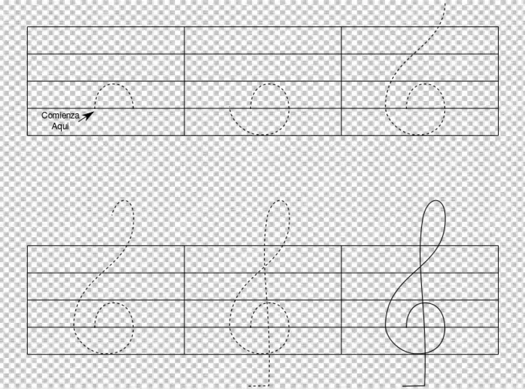 Free Premium PNG Worksheet for tracing and drawing the treble clef on a music staff