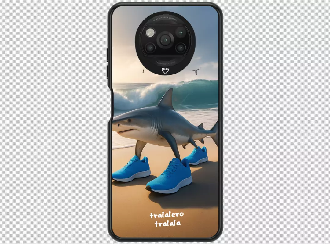 Smartphone Displaying Whimsical Shark Character in Blue Sneakers on a Sunny Beach
