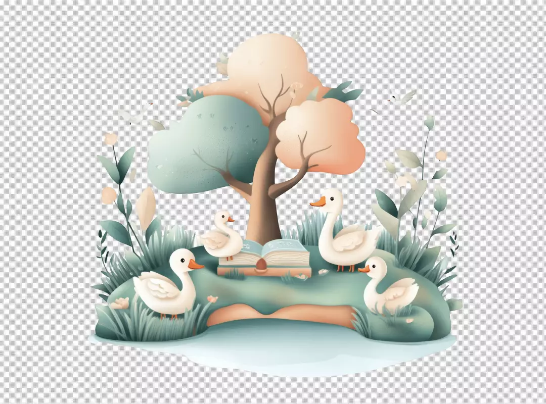 Whimsical Cartoon Ducks Reading a Storybook in an Enchanted Nature Scene Illustration