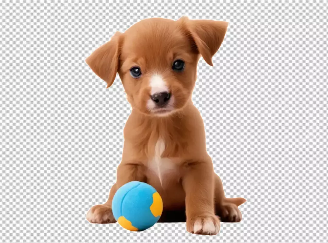 Playful brown puppy with bright blue eyes sitting next to a colorful toy ball