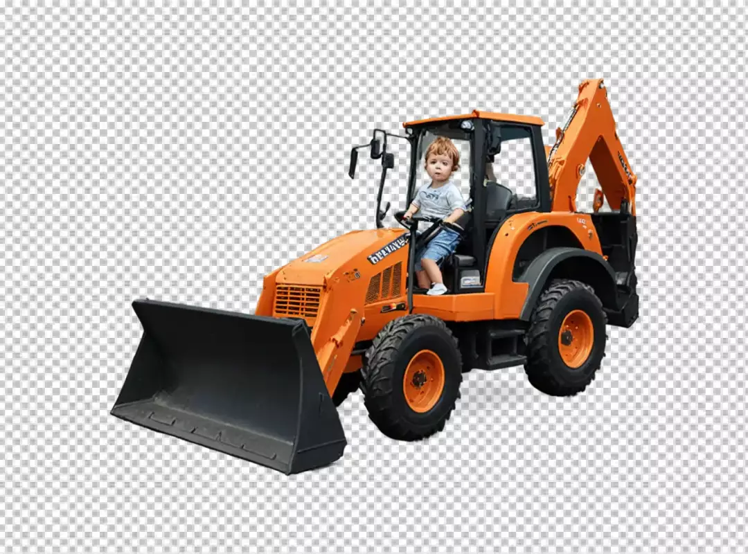Playful Toddler Boy Pretending to Drive an Orange Construction Backhoe Loader