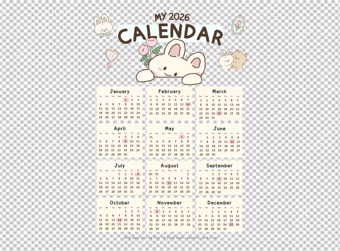 Adorable 2026 Yearly Calendar with Cute Cartoon Bunnies and Motivational Quote on Black Background