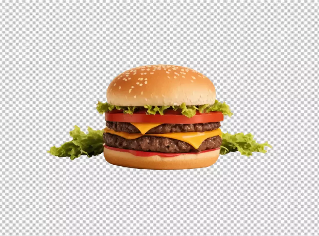 Appetizing Double Cheeseburger with Melted Cheese Fresh Lettuce and Ripe Tomatoes on a Sesame Seed Bun